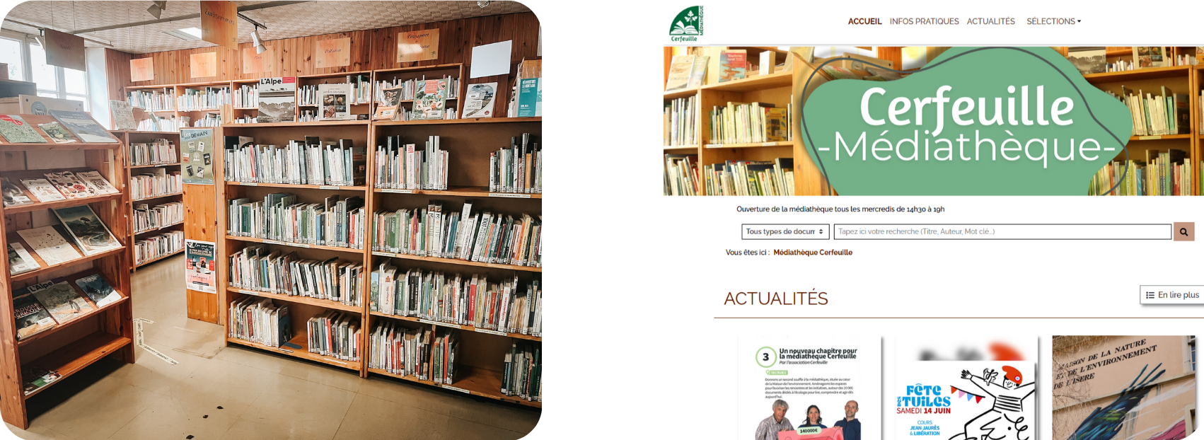 Photo de la médiathèque Cerfeuille et capture écran du catalogue en ligne