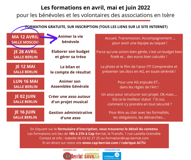 Programme de formation bénévole par Cap Berriat d'avril à juin 2022 