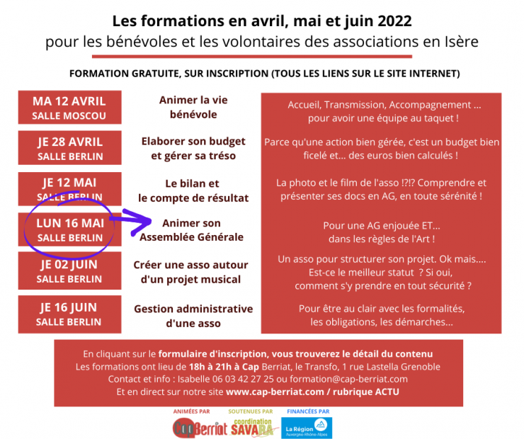 Programme de formation bénévole par Cap Berriat d'avril à juin 2022