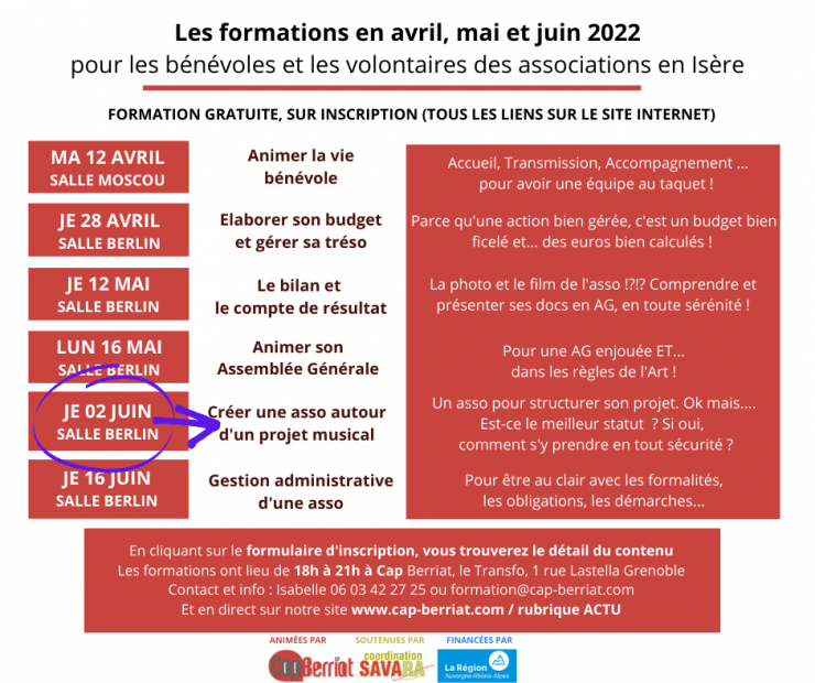 Programme de formation bénévole par Cap Berriat d'avril à juin 2022