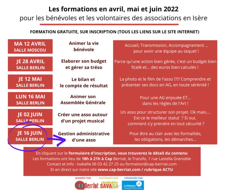 Programme de formation bénévole par Cap Berriat d'avril à juin 2022 