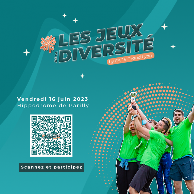 Affiche de la troisième édition des Jeux de la Diversité 2023, prévue pour le vendredi 16 juin à l'Hippodrome de Parilly. L'événement solidaire à ne pas manquer !