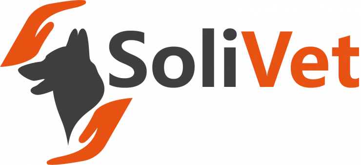 Logo association SoliVet. Tête de chien entouré de mains. 