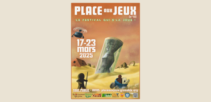 Affiche orange et jaune avec des pions dans un désert : festival Place aux Jeux 2025
