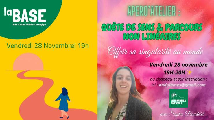 🪷🧘🏿Apéro'atelier: "Quête de soi et parcours non linéaire"🧘🏿🪷 En haut à gauche, dans une bulle verte est écrit "La BASE" en blanc. En dessous une image de femme marchant sur un chemin non linéaire. A droite, une affiche avec une photo de Sophie Baudelet, la date, et l'heure.