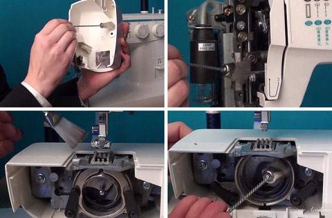 personne nettoyant une machine à coudre 