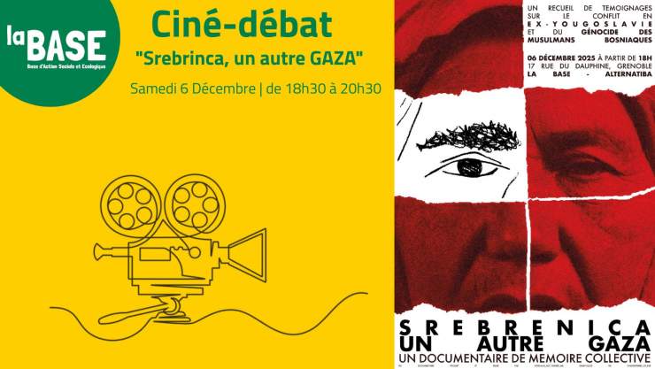 En haut à gauche, dans une bulle verte est écrit en blanc "LA BASE". En haut à droite est écrit "Ciné-débat". A droite une photo de l'affiche du docuentaire. En bas à gauche un dessin de caméra. Le fond est jaune.  