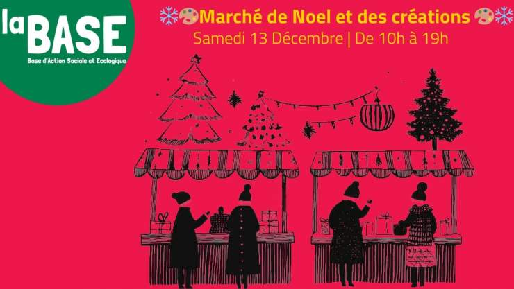 En haut en jaune est écrit "Marché de Noël et des créations". Le fond est rouge. Au centre un dessin en noir de marché de Noel 