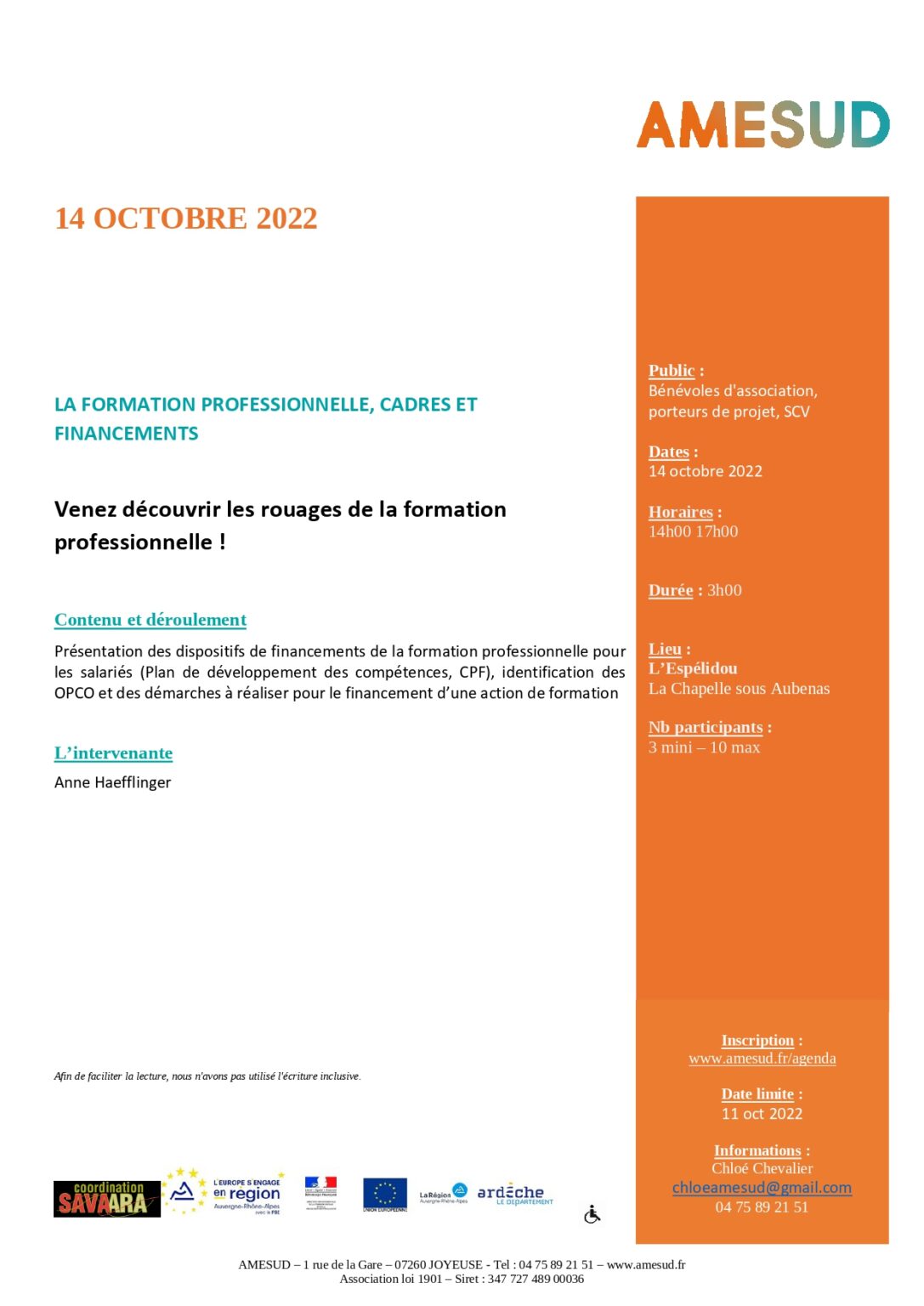 Formation gratuite « La formation professionnelle, cadres et financements » – Lachapelle-sous-Aubenas (07)