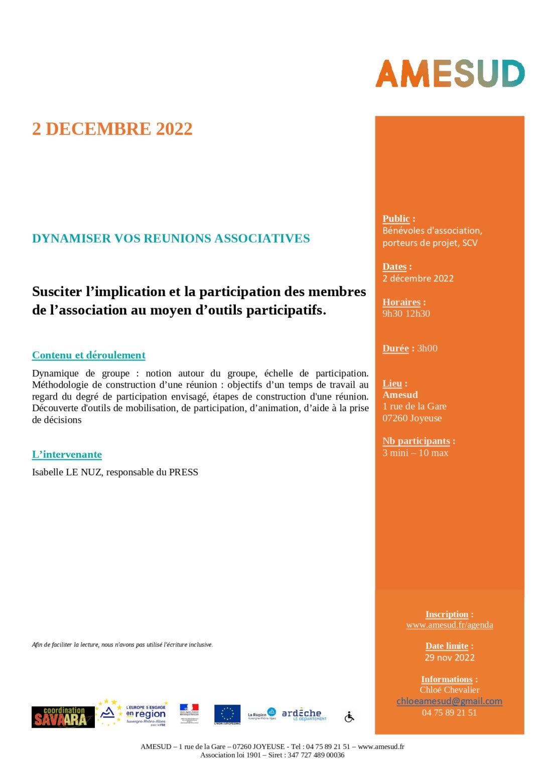 Formation gratuite – « dynamiser vos réunions associatives » – Joyeuse (07)