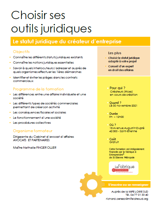 Choisir ses outils juridiques -Le statut juridique du créateur d&rsquo;entreprise – Saint-Etienne (42)