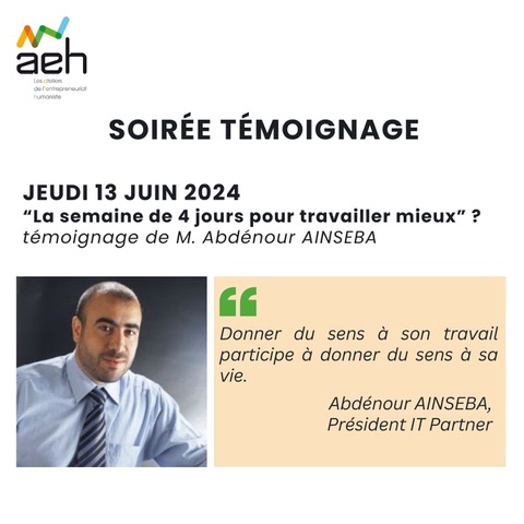 Venez échanger avec Abdénour AINSEBA, président d’IT Partner, sur la semaine des 4 jours Venez échanger avec Abdénour AINSEBA, président d’IT Partner, sur la semaine des 4 jours