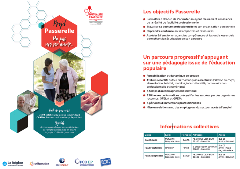 Projet Passerelle "Un pas vers son avenir" Objectifs : accompagner des personnes éloignées de l'emploi dans la mise en oeuvre de leur projet d'aide à la personne